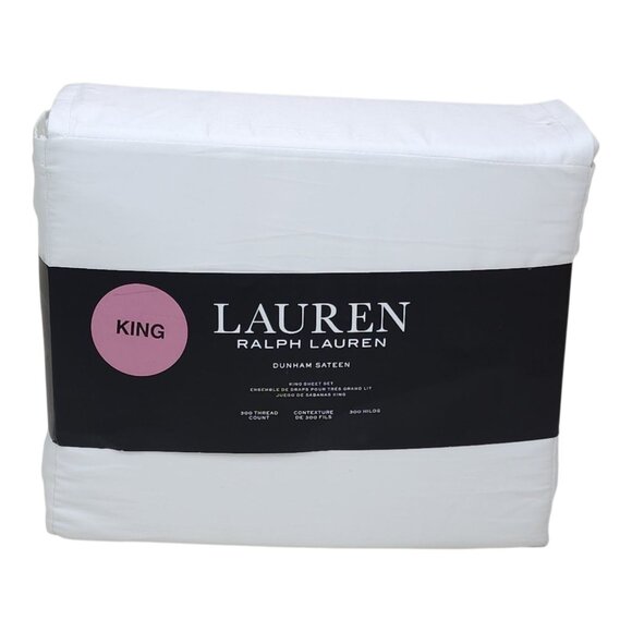 Lauren Ralph Lauren Dunham Sateen KIng White Sheet Set 300 Thread Count Cotton - Picture 1 of 6